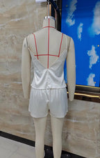 VacationGrabs Satin Lace Patchwork Pajama Set For Women V Neck Thin Strap Sleeveless Top Elastic Short Pants Sweet Home Loungewear