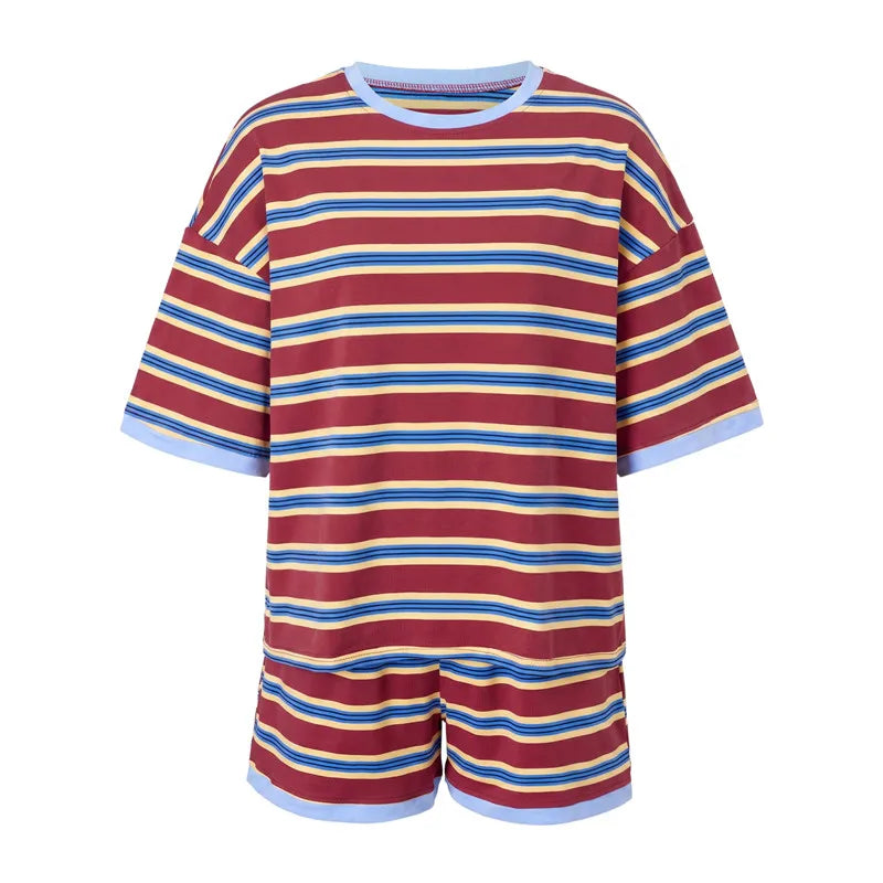 VacationGrabs Striped Two Piece Outfit Women Contrast Trim Oversized Short Sleeve Tee And Elastic Waist Shorts Casual Loungewear Set