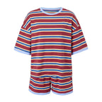 VacationGrabs Striped Two Piece Outfit Women Contrast Trim Oversized Short Sleeve Tee And Elastic Waist Shorts Casual Loungewear Set