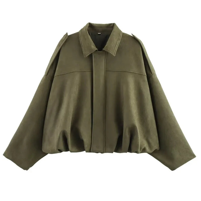 Women's Batwing Sleeve Zip-Up Jacket, Loose Fit Short Coat
