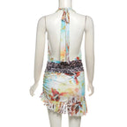 Women Sexy Halter Mini Dress Floral Bodycon Backless Short Dress Low Cut Mesh Going Out Dresses Cutout Vacation Beachwear