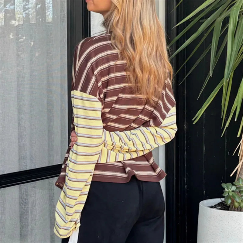 VacationGrabs Women Patchwork Striped Long Sleeve T‑Shirt Crew Neck Oversized Drop Shoulder Cropped Loose Casual Street Top