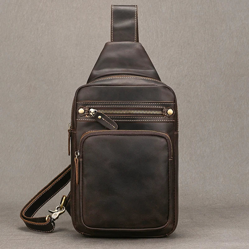 Retro Handmade Big Chest Bag for Men Real Cowhide Leather Crazy Horse Leather Sling Bag Male Chest Pack