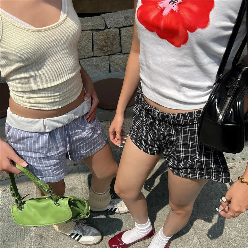 VacationGrabs Teen Girl Elastic Waist Micro Casual Shorts Women Y2K Plaid Print Boxer Shorts Retro Streetwear Summer Lounge Bottoms