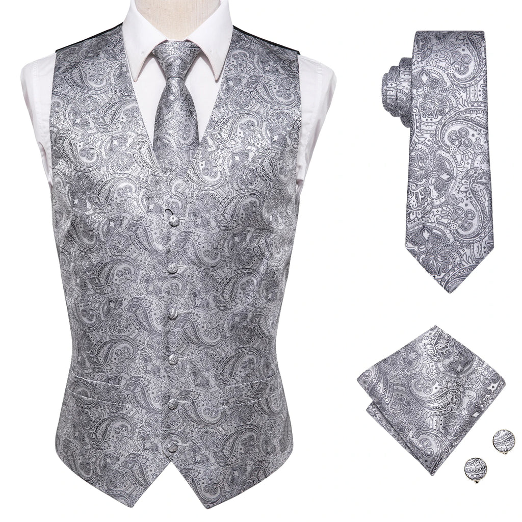 Silver paisley tie set with matching vest, pocket square, and cufflinks