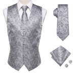 Silver paisley tie set with matching vest, pocket square, and cufflinks