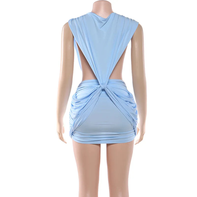 VacationGrabs Women Backless Deep V Twist Knot Bodycon Mini Dress Sleeveless Ruched Waist Cutout Slim Party Vacation Tight Dress