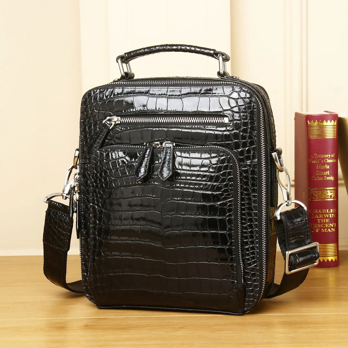 Men's Genuine Leather Alligator-Pattern Shoulder Satchel – Vintage Bag with Tablet Pocket