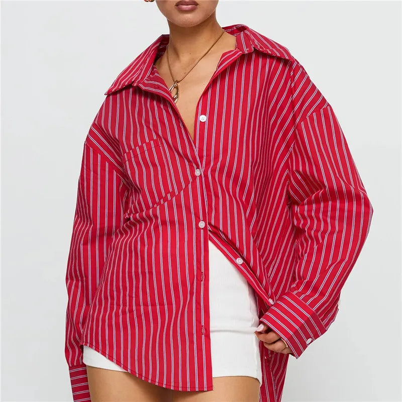 VacationGrabs Women Spring Button Down Shirt Pinstripe Loose Fit Long Sleeve Button Up Shirt Wide Collar Casual Tops Workout Shirts