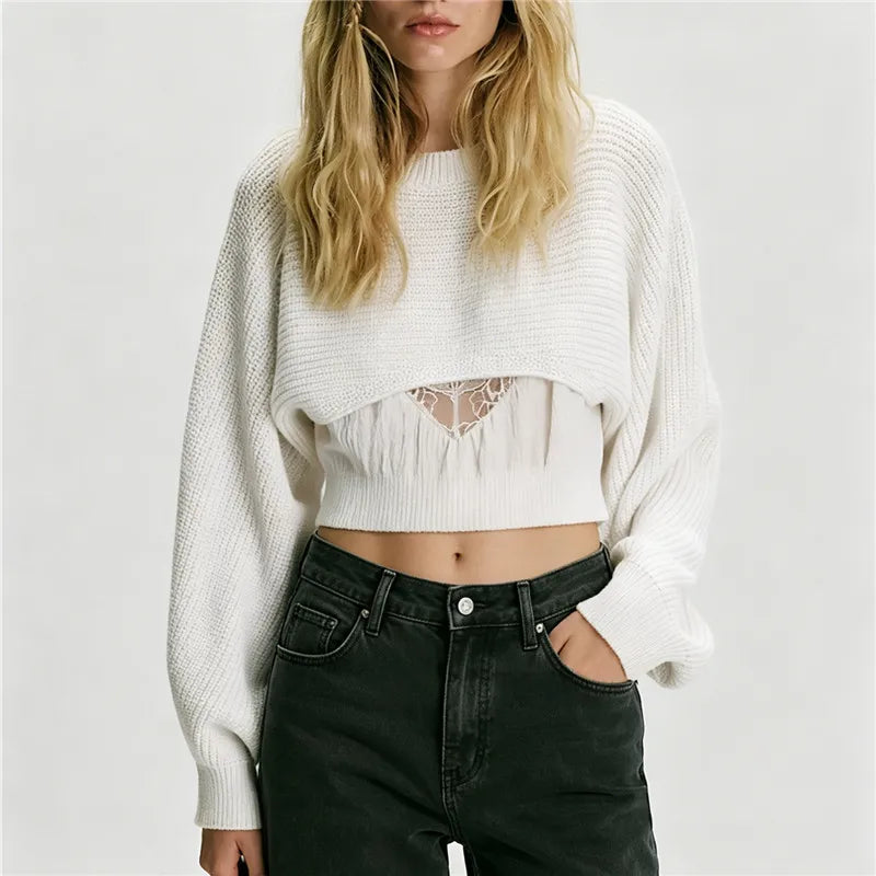 VacationGrabs Women's Cropped Knit Shrug Sweater Open Back Round Neck Long Lantern Sleeve Loose Short Knit Top Streetwear Pullover