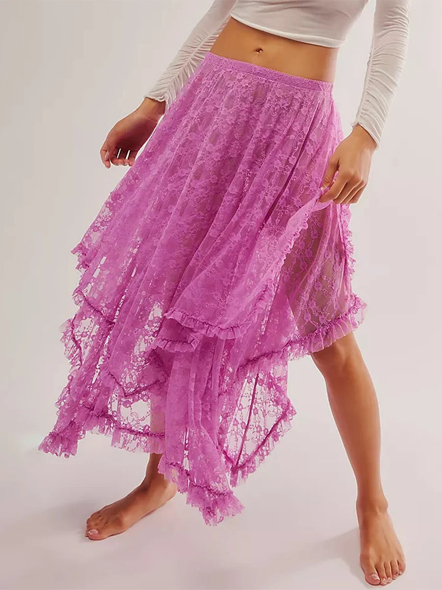 VacationGrabs Floral Lace Long Skirt for Women Y2K Elastic Waist Asymmetrical Layered Maxi Skirt Sexy See Through Flowy Beach Skirt