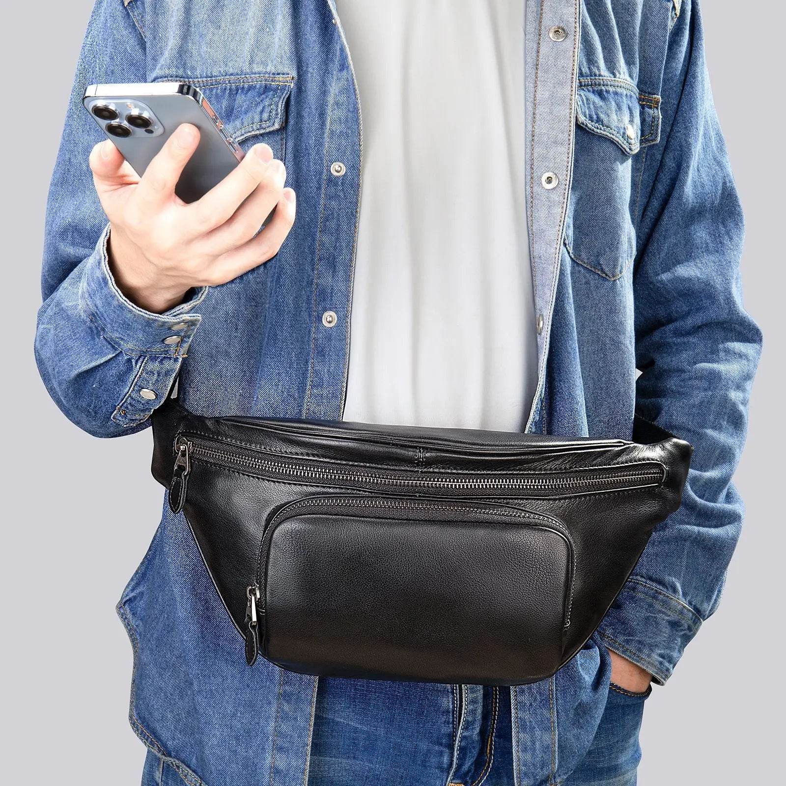 Men's Single Shoulder Crossbody Real Cowhide Waist Pack Chest Bag - VacationGrabs