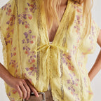 Women's Lace Semi Sheer Top Y2k Button Front Open Tie Up Tank Crop Blouse Shirt Cute Coquette Vest Summer Beachwear