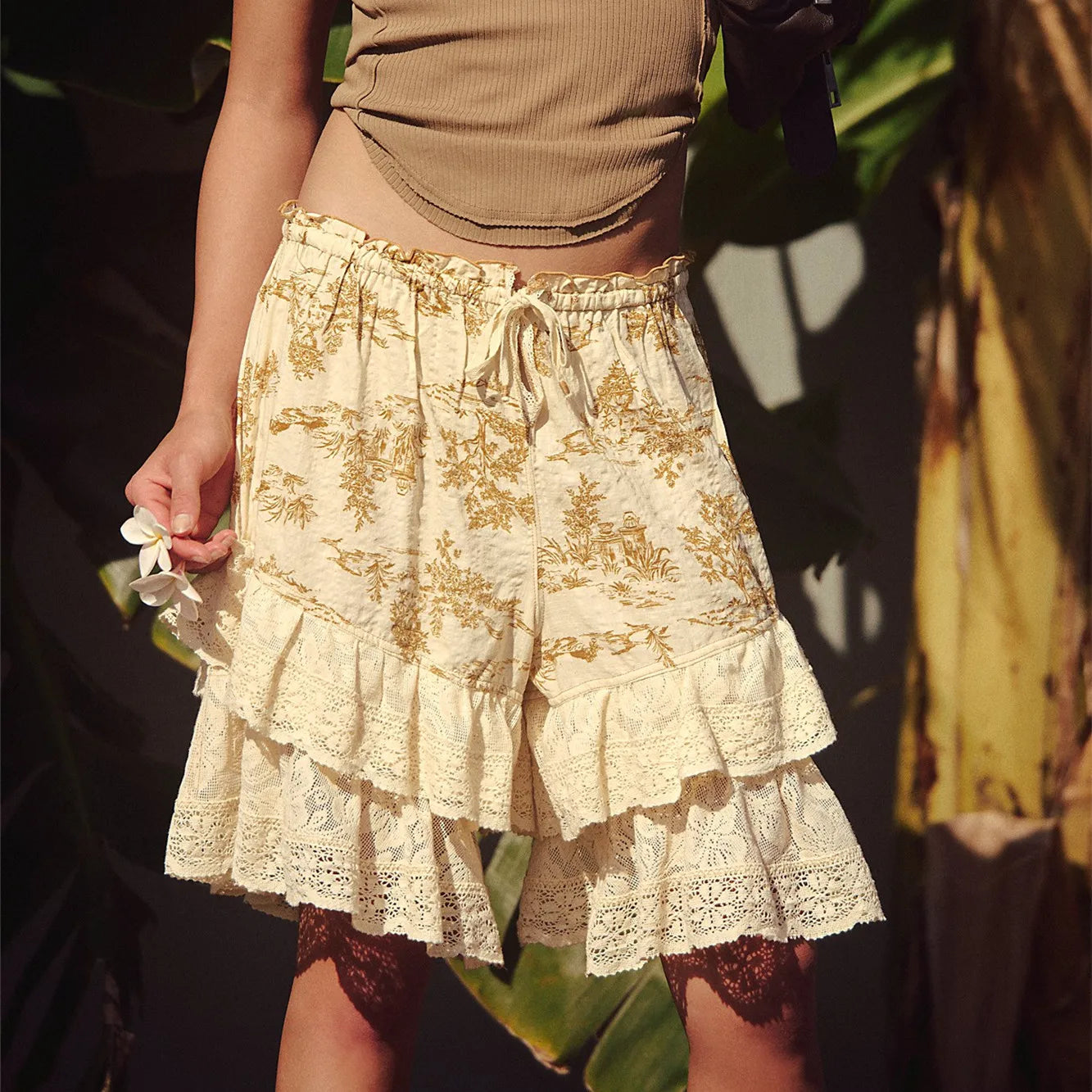 VacationGrabs Women Boho Vintage Printed Lace Ruffle Shorts Elastic Drawstring Waist Flowy Casual Shorts Summer Vacation Streetwear