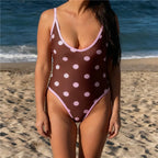 VacationGrabs Women's Summer Swimsuit Y2K Dots Print Sleeveless Adjustable Spaghetti Strap Bodysuit Bathing Suit Beachwear