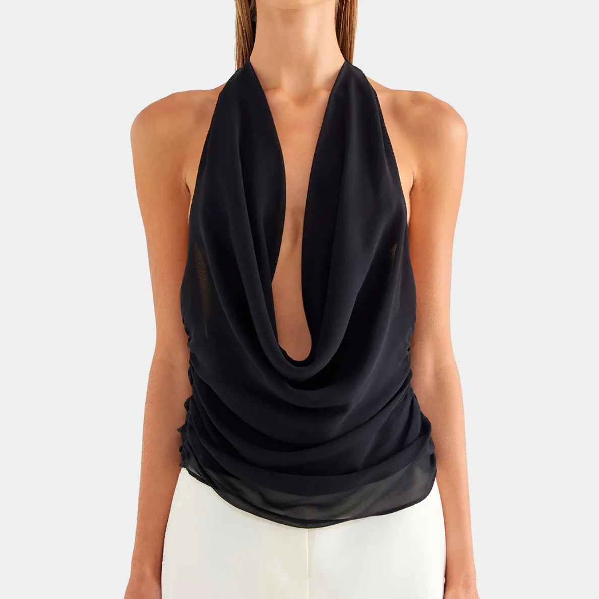 VacationGrabs Women Trendy Halter Tops Summer Ruched Cowl Neck Backless Sleeveless Shirts for Streetwear Aesthetic Grunge Clothes