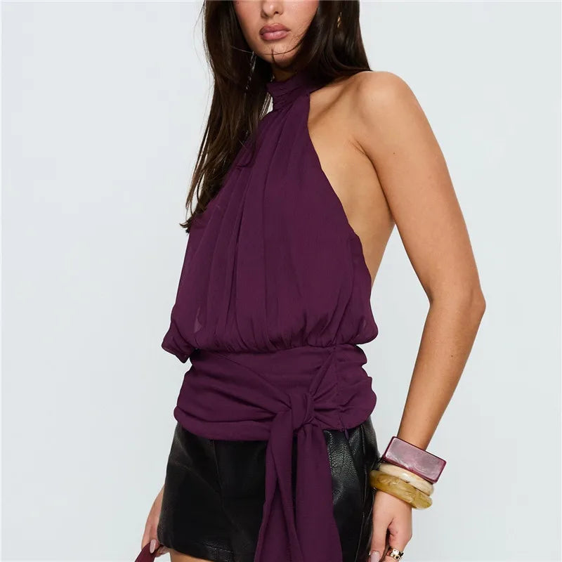 VacationGrabs Elegant Plum Purple Halter Top Women Open Back Sleeveless Blouse Tie Waist Flowy Top For Office Commute And Casual Wear