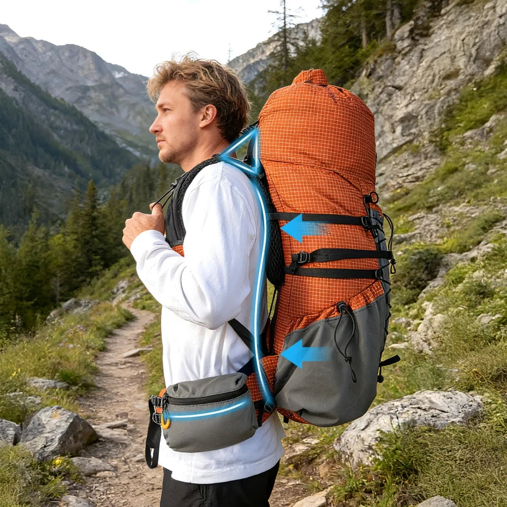 Roll-Top Internal-Frame Hiking Backpack with Rain Cover, 50-70L