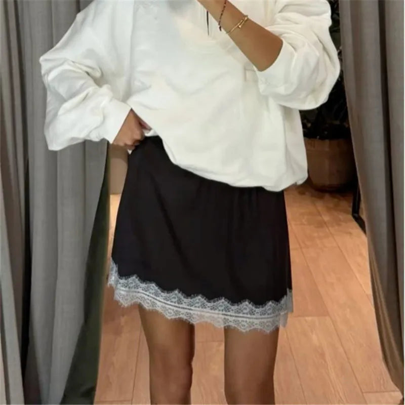 VacationGrabs Summer French Women Satin Pajama Skirts Bottoms Lace Trim Silk Lounge Skirts High Elastic Waist Y2K Vintage Streetwear