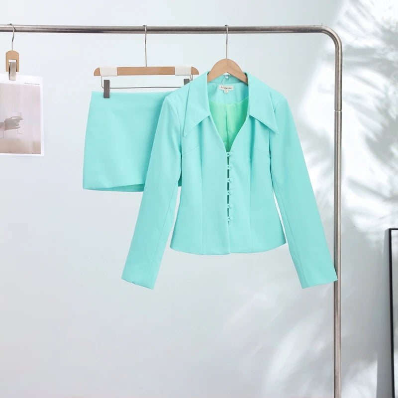 Tiffany Blue Blazer, Mini Skirt & Flare Trouser Separates