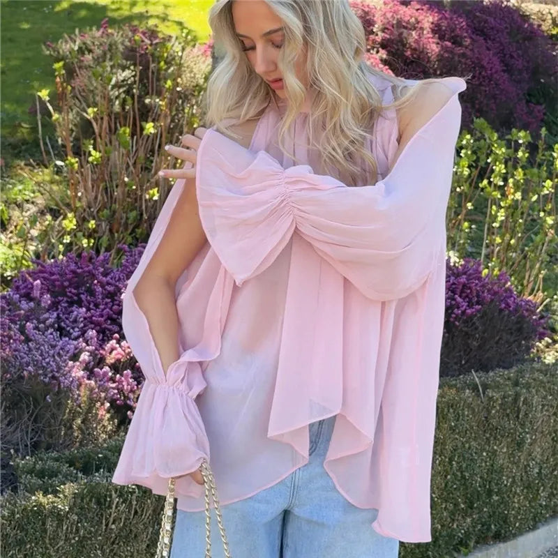 VacationGrabs Minimalist Solid Cold Shoulder Chiffon Blouse Mock Neck Back Tie Split Flare Sleeve Loose Irregular Hem Daily Shirt