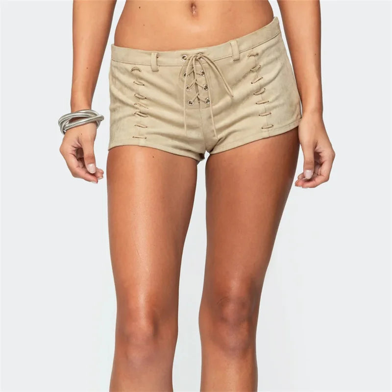 VacationGrabs Y2K Faux Suede Lace Up Mini Shorts for Women Low Rise Drawstring Waist Side Lace Up Hot Pants Casual Summer Rave Party