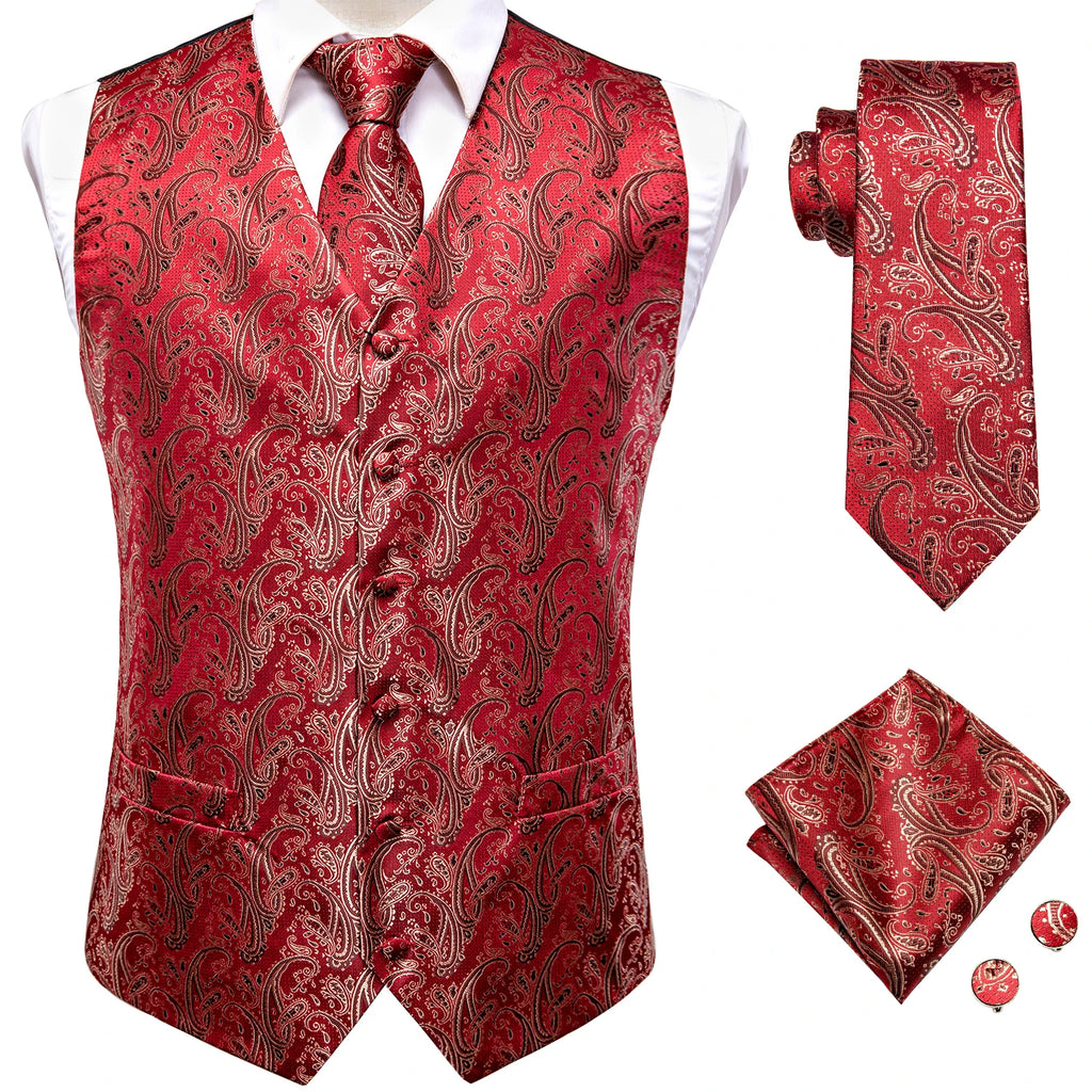 Red paisley necktie set from VacationGrabs, ideal for formal events with instructions on necktie how to tie