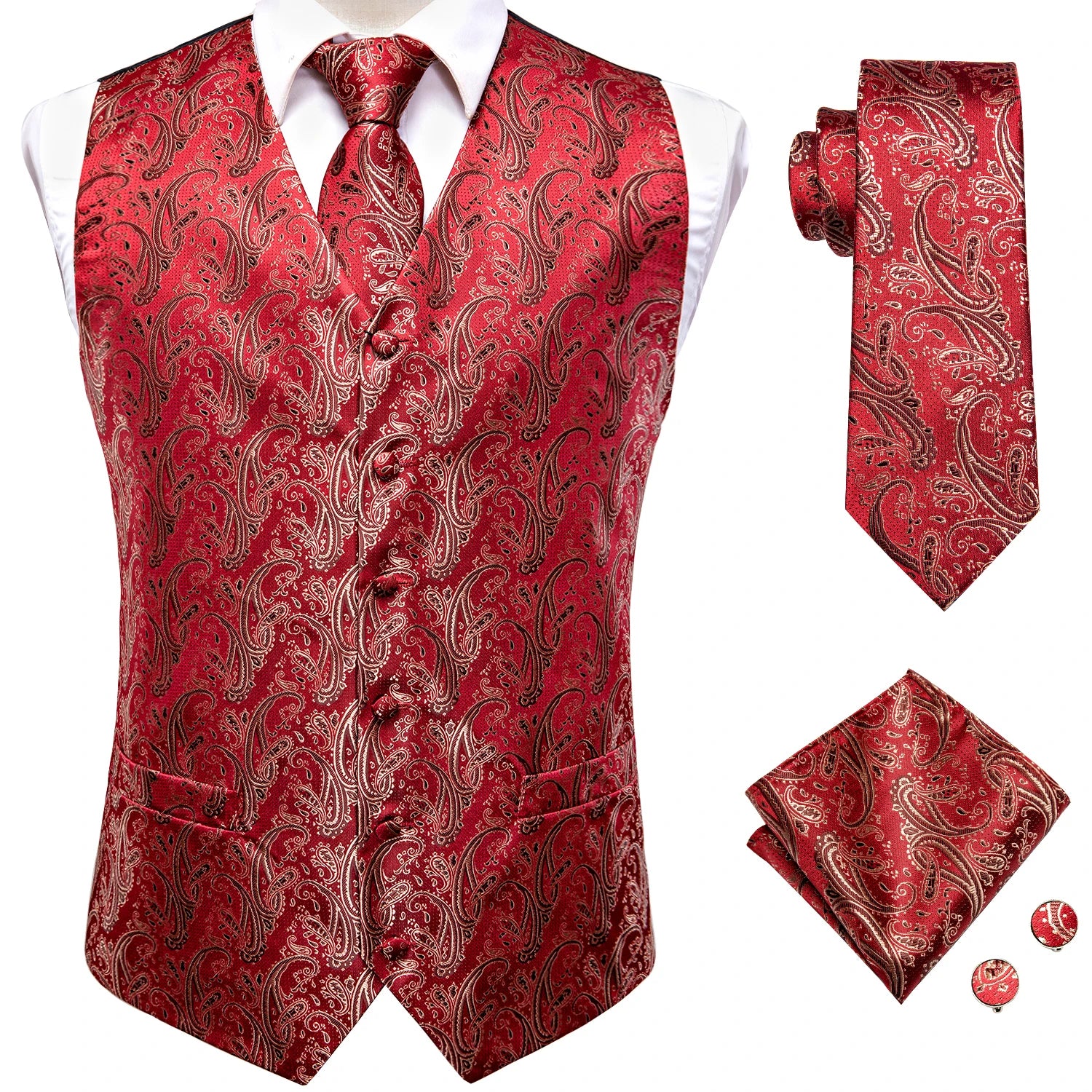 Red paisley necktie set from VacationGrabs, ideal for formal events with instructions on necktie how to tie