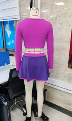VacationGrabs Cartoon Daphne Cosplay Two Piece Outfit Long Sleeve Crop Top Pleated Mini Skirt Women Halloween Role Play Costume