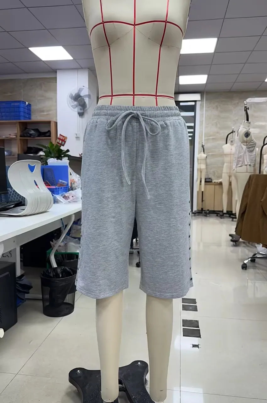 VacationGrabs Women's Knee Length Sweat Shorts with Side Snap Buttons Drawstring Waist Casual Loose Fit Summer Y2K Streetwear