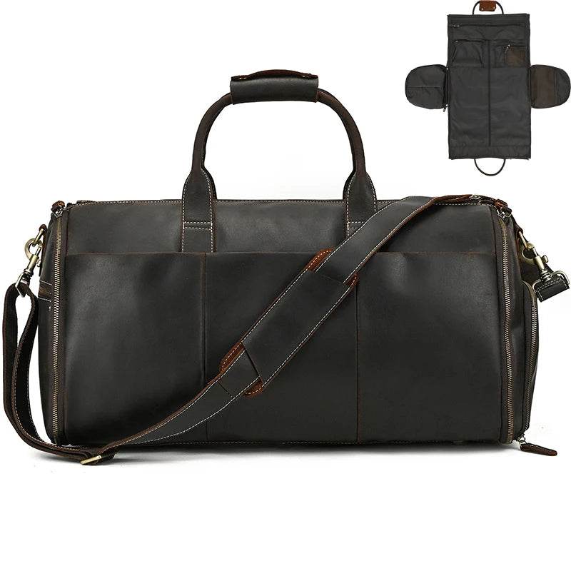 Crazy Horse Leather Travel Bag Suits and Shoes Folding Business Bag - VacationGrabs