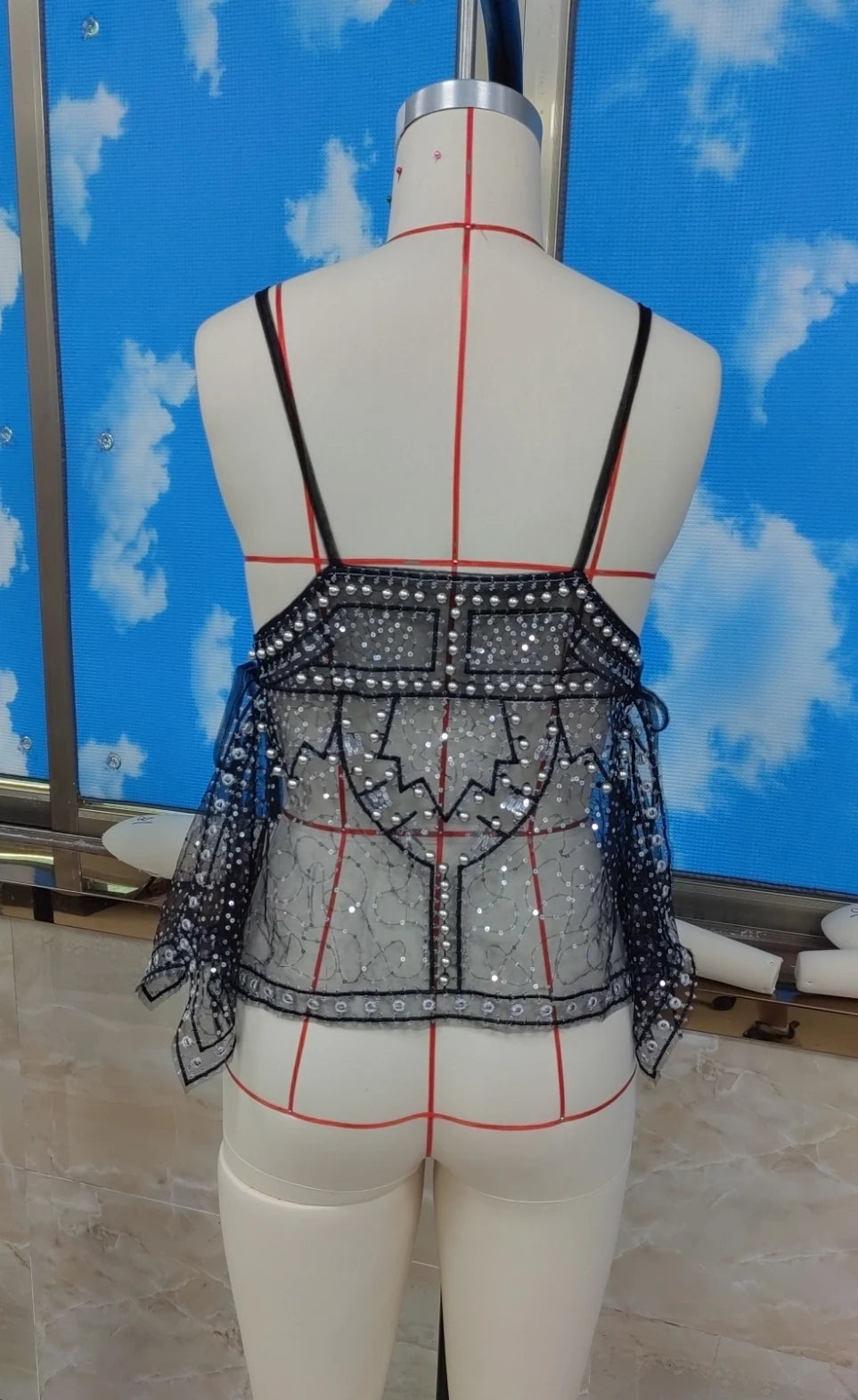 VacationGrabs Women Y2K Sequin Mesh Tank Top Glitter Floral Embroidered Cami Crop Top Coquette Sleeveless Backless Rhinestone Camisole