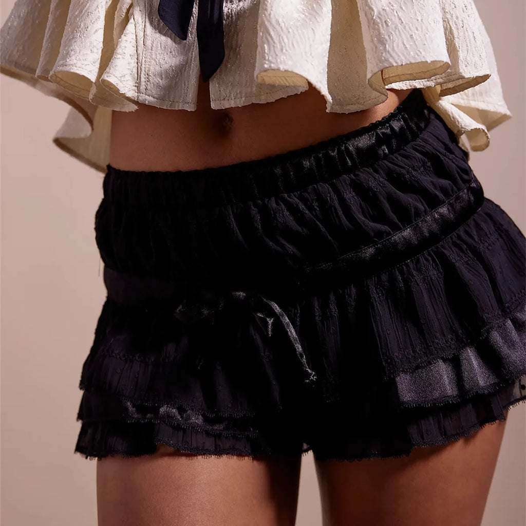 VacationGrabs Womens Layered Frilly Ruffle Micro Lolita Bloomers Y2k Low Rise Satin Shorts Lace Fluffy Boxer Mini Boyshorts Panties