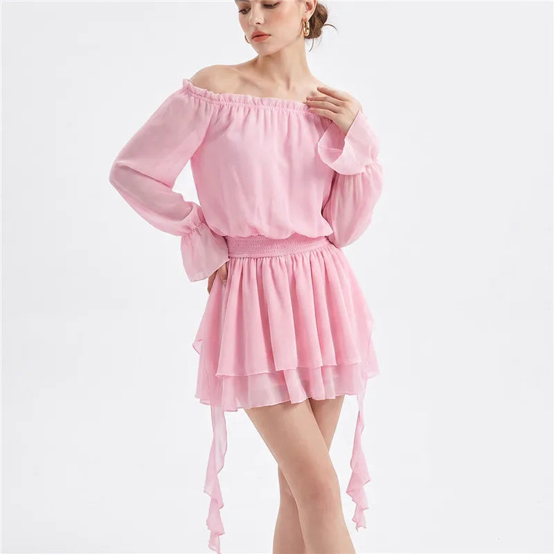 VacationGrabs Elegant Off Shoulder Flare Long Sleeve Chiffon Mini Dress Women Elastic Waist Tiered Ruffle Beach Vacation Short Dress