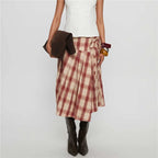 VacationGrabs Women Y2k Lace Up Ruffle Hem A Line Skirt Low Rise Plaid Midi Skirt Vintage Tie Up Gingham Tiered Skirt Streetwear