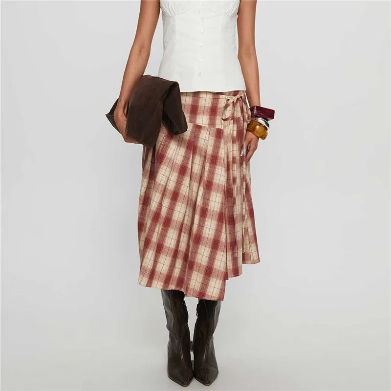 VacationGrabs Women Y2k Lace Up Ruffle Hem A Line Skirt Low Rise Plaid Midi Skirt Vintage Tie Up Gingham Tiered Skirt Streetwear