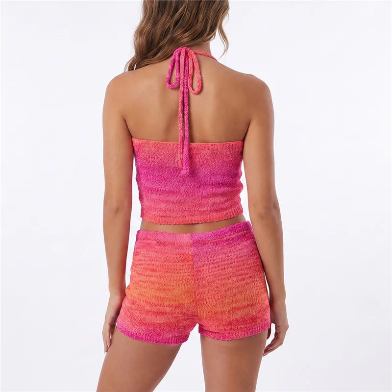 VacationGrabs Gradient Knit Halter Crop Top Scallop Shorts 2 Piece Set Women Summer Beach Casual Y2K Vacation Matching Outfit