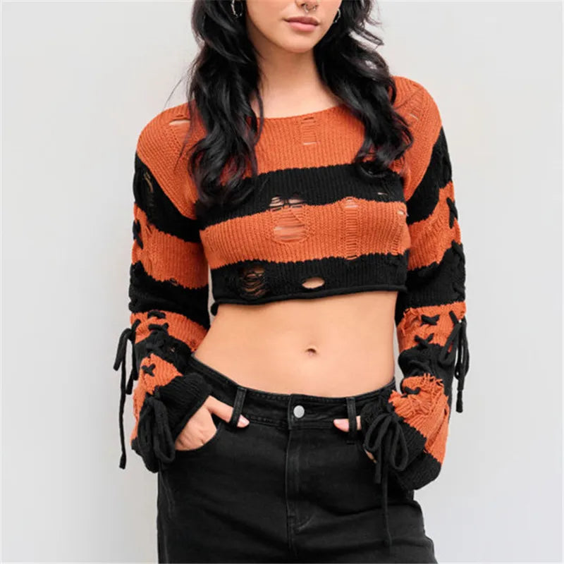 VacationGrabs Y2K Punk Distressed Striped Crop Knit Sweater Women Cross Lace Up Side Long Sleeve Ripped Hole Gothic Streetwear Top