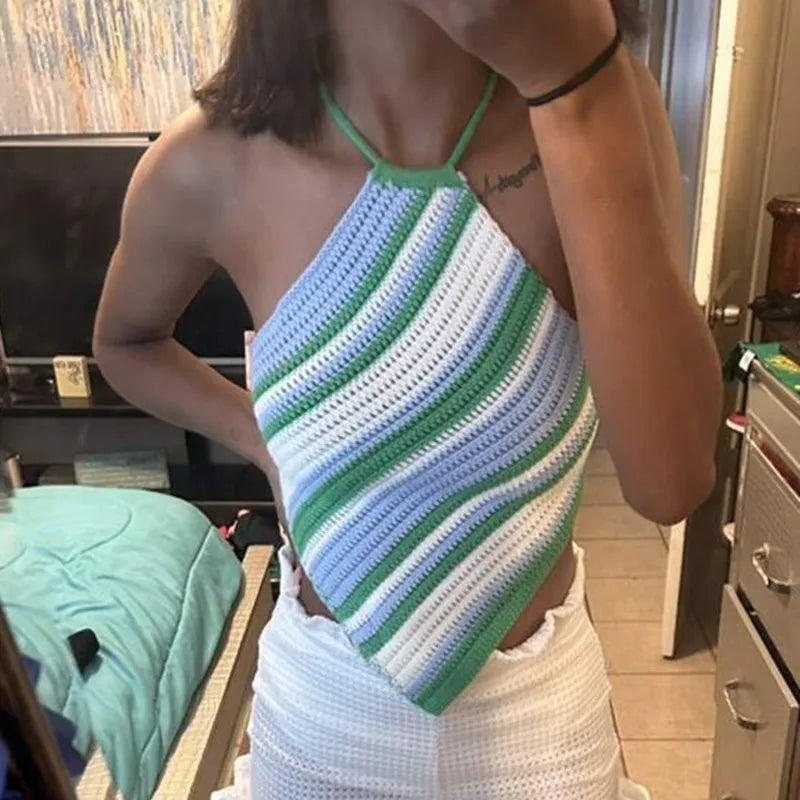hriigin Cute Women Striped Crochet Halter Neck Top Knit Sleeveless Triangle Hem Crop Top Backless Summer Top Casual Daily Wear
