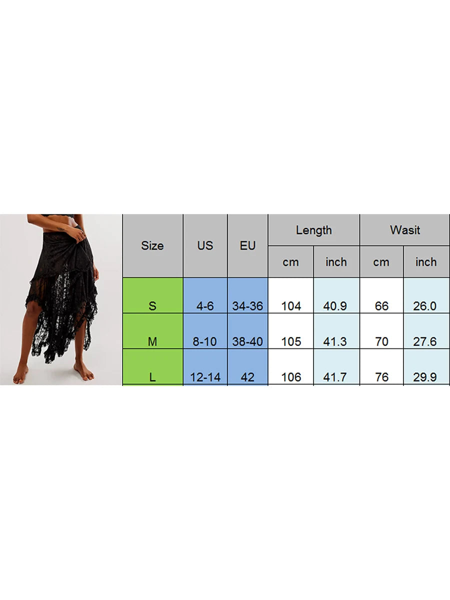 VacationGrabs Floral Lace Long Skirt for Women Y2K Elastic Waist Asymmetrical Layered Maxi Skirt Sexy See Through Flowy Beach Skirt