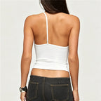 VacationGrabs Women's Asymmetrical Halter Top Lace V-Neck Cutout Sleeveless Slim Fit Y2K Cropped Camisole for Party Night Out