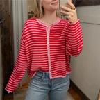 VacationGrabs Casual Color Block Striped Knit Sweater Open Front Cardigan Round Neck Loose Oversized Long Sleeve Cropped Knitwear