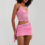 Pink Lace Two Piece Set | Strapless Top & Mini Skirt
