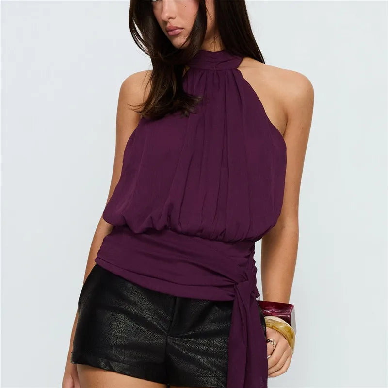 VacationGrabs Elegant Plum Purple Halter Top Women Open Back Sleeveless Blouse Tie Waist Flowy Top For Office Commute And Casual Wear