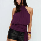 VacationGrabs Elegant Plum Purple Halter Top Women Open Back Sleeveless Blouse Tie Waist Flowy Top For Office Commute And Casual Wear