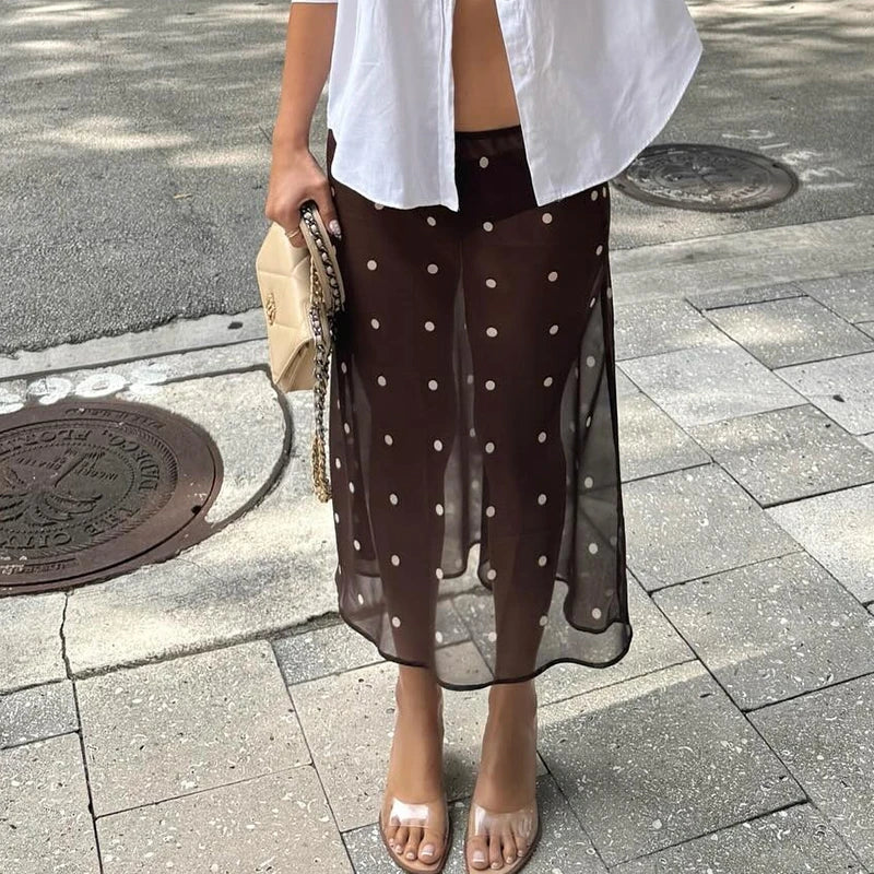 VacationGrabs Women Polka Dot Sheer Midi Skirt Sexy See Through Low Rise Long Skirt Flowy Mesh Cover Up Maxi Skirts Beachwear