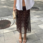 VacationGrabs Women Polka Dot Sheer Midi Skirt Sexy See Through Low Rise Long Skirt Flowy Mesh Cover Up Maxi Skirts Beachwear