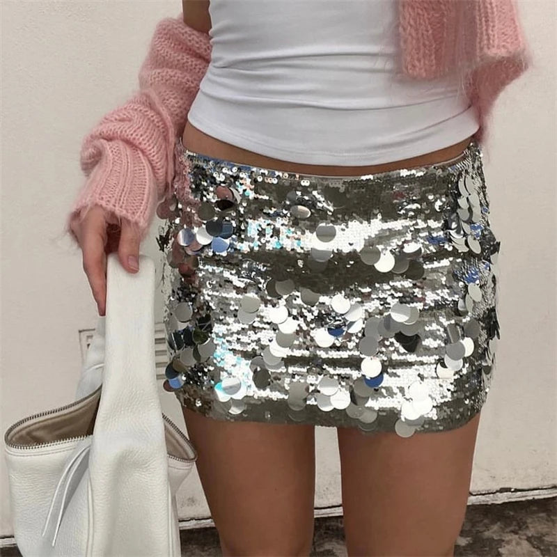 Chic Women 2000s Aesthetic Silver Skinny Low Waist Short Mini Skirt Evening Party Skirts y2k Clubwear Sequins Skirt