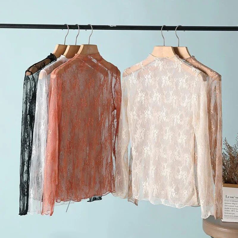Floral Lace Layering Shirt Long Sleeve See Thru Mesh