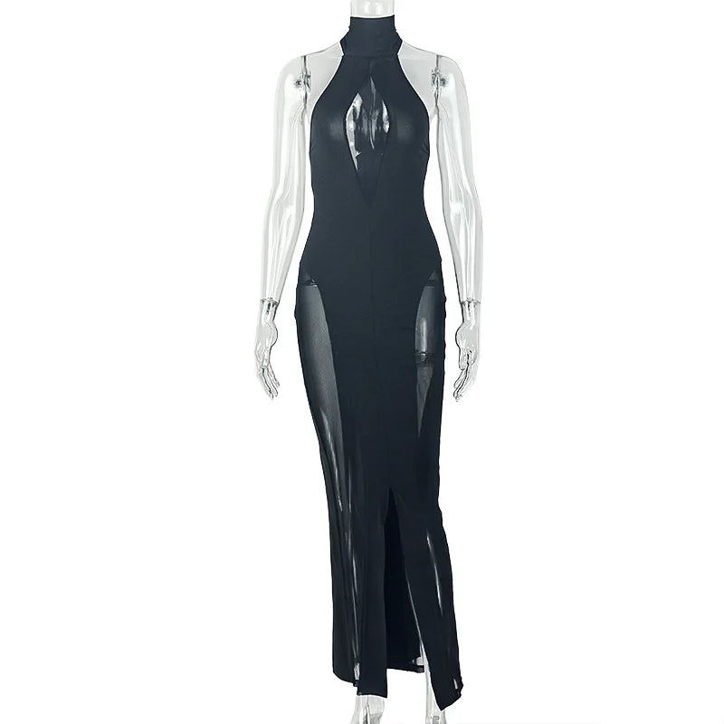 VacationGrabs Sexy Women Backless Halter Mesh See Through Maxi Dress Long Ribbon Tie Back High Split Slim Fit Bodycon Party Long Gown